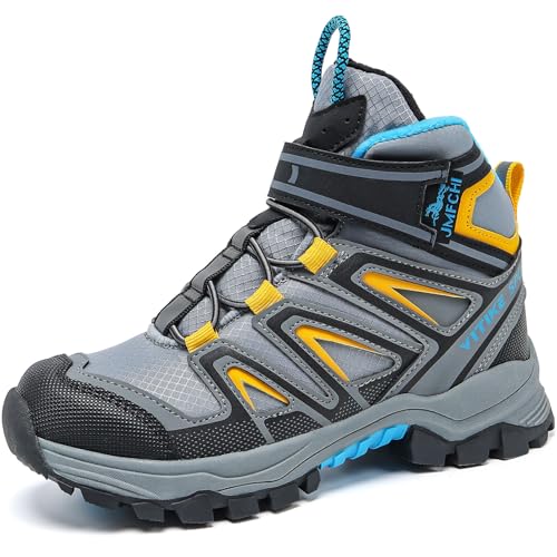 Winterschuhe Kinder Schneestiefel Jungen Warm Gefütterte Mädchen Wanderstiefel Mid Trekkingschuhe Outdoor rutschfest Grau Gelb gr 40 von JMFCHI