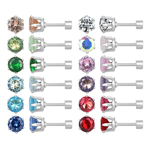 12-Paar Chirurgische Edelstahl flache Rückseite Ohrstecker, Schraube zurück Cubic Zirkonia Ohrstecker für Frauen, 18K vergoldet Silber CZ Brithstone Ohrstecker Set 5mm (Silver 5mm) von JMFENFA