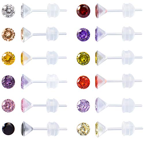 12 Paar Kunststoffohrringe für empfindliche Ohren, Ohrstecker aus Kunststoff für Frauen, Birthstone Zirkonia Ohrstecker Set 4mm (4mm) von JMFENFA