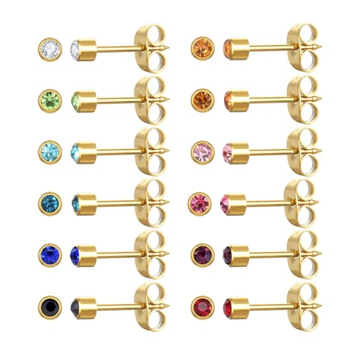 12 Paar Ohr Piercing Ohrstecker Set, vergoldet chirurgischen Edelstahl Multicolor Birthstone Cubic Zirkonia Ohrstecker für Ohr Piercing Guns (Gold 4mm) von JMFENFA