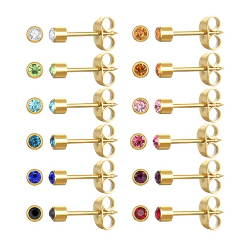 12 Paar Ohr Piercing Ohrstecker Set, vergoldet chirurgischen Edelstahl Multicolor Birthstone Cubic Zirkonia Ohrstecker für Ohr Piercing Guns Gold 4mm von JMFENFA
