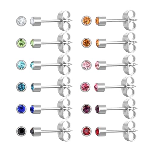 JMFENFA 12 Paar Ohr Piercing Ohrstecker Set, vergoldet, chirurgischen Edelstahl Multicolor Birthstone Cubic Zirkonia Ohrstecker für Ohr Piercing Pistolen 3mm 4mm von JMFENFA