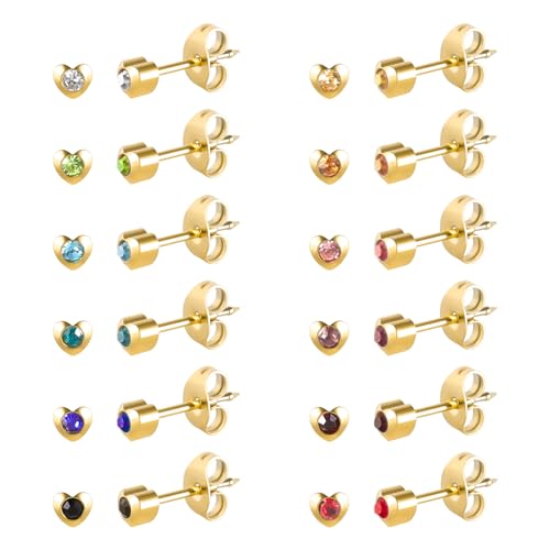 12 Paar Ohr Piercing Ohrstecker Set, vergoldet chirurgischen Edelstahl Multicolor Birthstone Cubic Zirkonia Ohrstecker für Ohr Piercing Guns Gold heart 4mm von JMFENFA