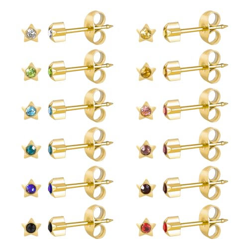 12 Paar Ohr Piercing Ohrstecker Set, vergoldet chirurgischen Edelstahl Multicolor Birthstone Cubic Zirkonia Ohrstecker für Ohr Piercing Guns Gold star 4mm von JMFENFA