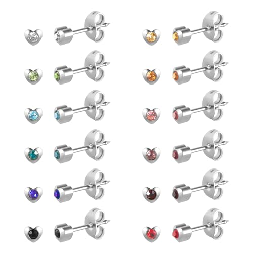12 Paar Ohr Piercing Ohrstecker Set, vergoldet chirurgischen Edelstahl Multicolor Birthstone Cubic Zirkonia Ohrstecker für Ohr Piercing Guns Silver heart 4mm von JMFENFA