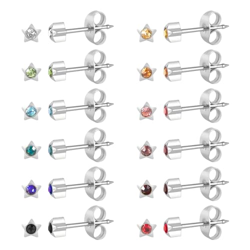 12 Paar Ohr Piercing Ohrstecker Set, vergoldet chirurgischen Edelstahl Multicolor Birthstone Cubic Zirkonia Ohrstecker für Ohr Piercing Guns Silver star 4mm von JMFENFA