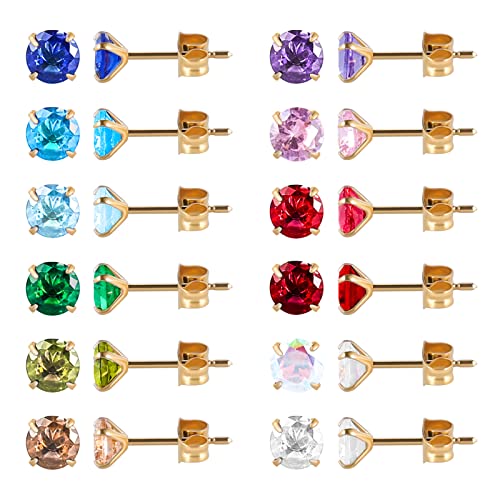 12 Paar chirurgische Edelstahl-Ohrstecker, 18K vergoldet Silber Stern Herz Teardrop Quadrat Cubic Zirkonia Birthstone Ohrstecker Set (Gold round 4mm) von JMFENFA