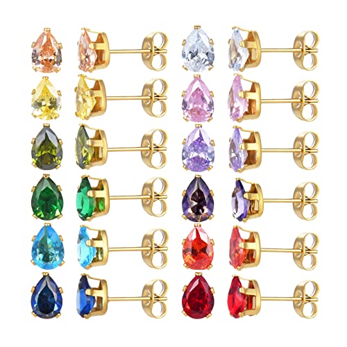 12 Paar chirurgische Edelstahl-Ohrstecker, 18K vergoldet Silber Stern Herz Teardrop Quadrat Cubic Zirkonia Birthstone Ohrstecker Set (Gold teardrop 3mm) von JMFENFA