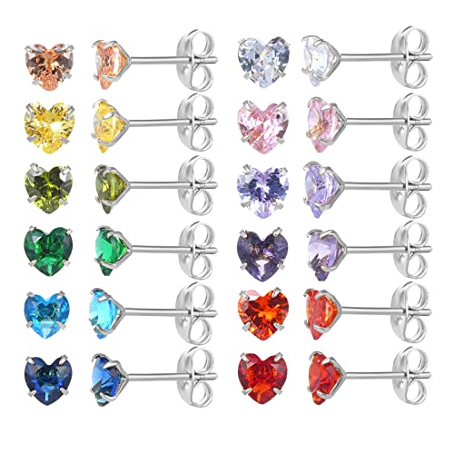 12 Paar chirurgische Edelstahl-Ohrstecker, 18K vergoldet Silber Stern Herz Teardrop Quadrat Cubic Zirkonia Birthstone Ohrstecker Set (Silver heart 4mm) von JMFENFA