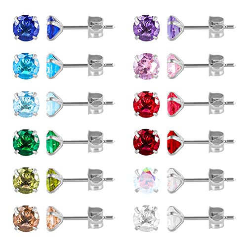 12 Paar chirurgische Edelstahl-Ohrstecker, 18K vergoldet Silber Stern Herz Teardrop Quadrat Cubic Zirkonia Birthstone Ohrstecker Set (Silver round 3mm) von JMFENFA