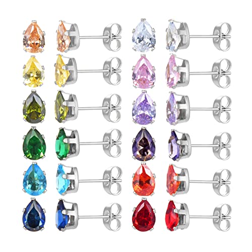 12 Paar chirurgische Edelstahl-Ohrstecker, 18K vergoldet Silber Stern Herz Teardrop Quadrat Cubic Zirkonia Birthstone Ohrstecker Set (Silver teardrop 3mm) von JMFENFA