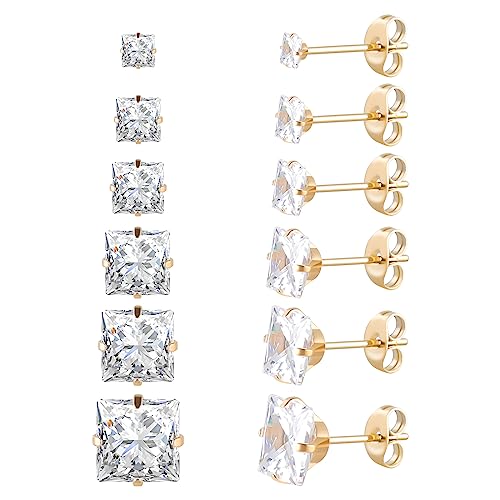 6 Paar chirurgische Edelstahl-Ohrstecker, Schraube zurück vergoldet Herz Stern Quadrat Prinzessin geschnitten Cubic Zirkonia Ohrstecker Set (Gold square Butterfly back) von JMFENFA