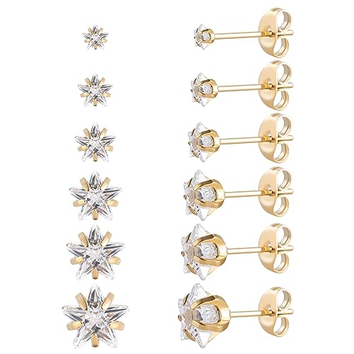 6 Paar chirurgische Edelstahl-Ohrstecker, Schraube zurück vergoldet Herz Stern Quadrat Prinzessin geschnitten Cubic Zirkonia Ohrstecker Set (Gold star Butterfly back) von JMFENFA