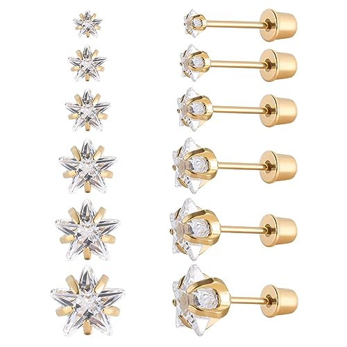 6 Paar chirurgische Edelstahl-Ohrstecker, Schraube zurück vergoldet Herz Stern Quadrat Prinzessin geschnitten Cubic Zirkonia Ohrstecker Set (Gold star Screw back) von JMFENFA