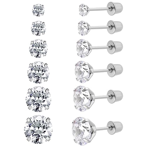 6 Paar chirurgische Edelstahl-Ohrstecker, Schraube zurück vergoldet Herz Stern Quadrat Prinzessin geschnitten Cubic Zirkonia Ohrstecker Set (Silver round Screw back) von JMFENFA