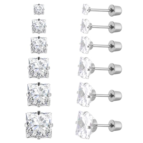 6 Paar chirurgische Edelstahl-Ohrstecker, Schraube zurück vergoldet Herz Stern Quadrat Prinzessin geschnitten Cubic Zirkonia Ohrstecker Set (Silver square Screw back) von JMFENFA