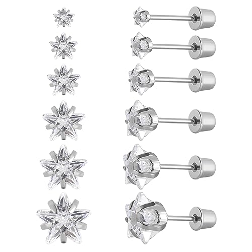 6 Paar chirurgische Edelstahl-Ohrstecker, Schraube zurück vergoldet Herz Stern Quadrat Prinzessin geschnitten Cubic Zirkonia Ohrstecker Set (Silver star Screw back) von JMFENFA