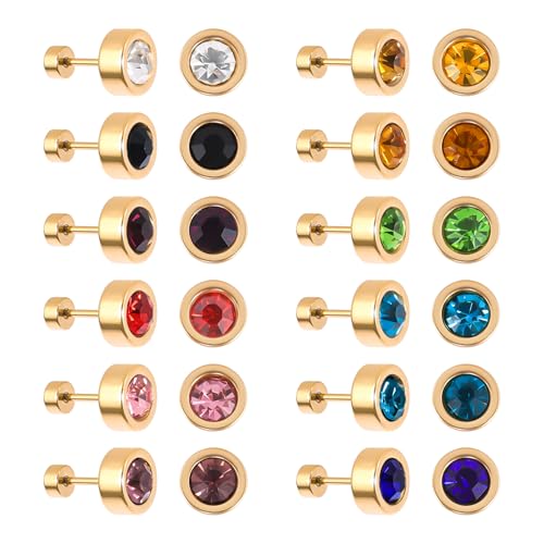 JMFENFA 12 Paare Edelstahl flach zurück Ohrstecker vergoldet Schraube zurück rundes Herz Stern Blume Geburtsstein kubischer Zirkon Ohrstecker Set (Gold round 8mm) von JMFENFA