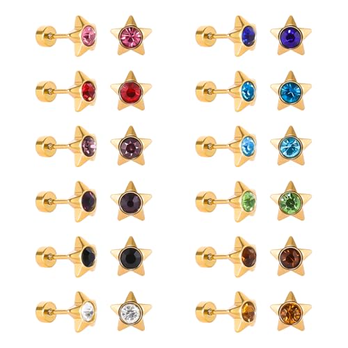 JMFENFA 12 Paare Edelstahl flach zurück Ohrstecker vergoldet Schraube zurück rundes Herz Stern Blume Geburtsstein kubischer Zirkon Ohrstecker Set (Gold star 8mm) von JMFENFA