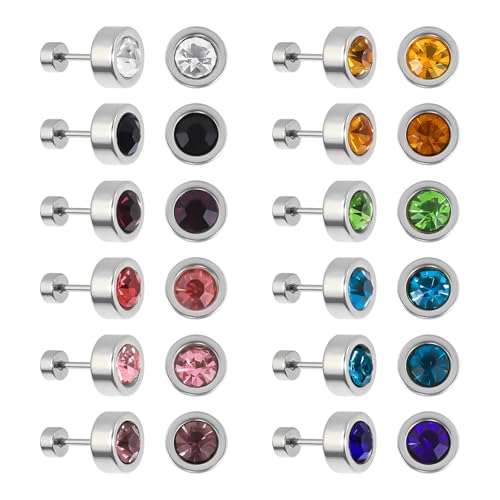 JMFENFA 12 Paare Edelstahl flach zurück Ohrstecker vergoldet Schraube zurück rundes Herz Stern Blume Geburtsstein kubischer Zirkon Ohrstecker Set (Silver round 6mm) von JMFENFA