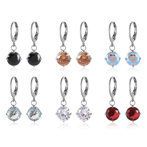 JMFENFA 6 Paar Edelstahl Cubic Zirkonia Leverback Dangle Drop Ohrringe 8mm Runde Herz Quadrat CZ Geburtsstein Multicolor Ohrringe Set (Silver round) von JMFENFA