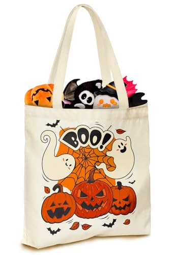 JMHACHY Halloween-Tragetasche – niedliche Boo Ghost Kürbis Spinnennetz-Grafik Leinwand Taschen für Kinder, Jungen, Mädchen, Teenager, wiederverwendbar, groß, doppelseitig bedruckt, mit Griffen für von JMHACHY