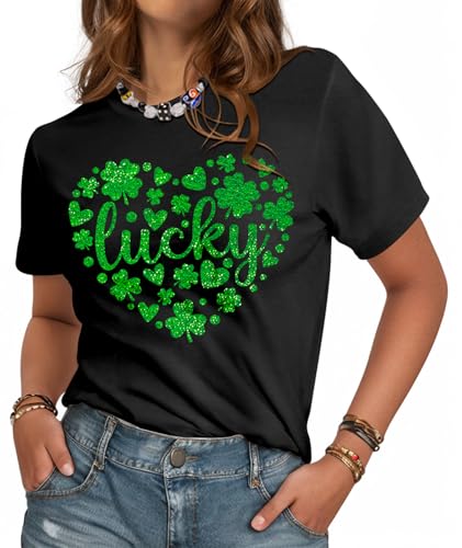 JMHACHY St. Patrick's Day T-Shirts für Frauen – Irisches Kleeblatt-T-Shirt mit Rundhalsausschnitt, niedlicher Druck, Herzklee, Mittel von JMHACHY