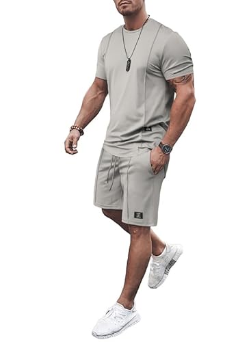 JMIERR 2 Pcs T-Shirts und Kurze Hosen Herren 2024 Sommer Trainingsanzug Set mit Taschen Casual Loose Jogginganzug,Grau 2XL von JMIERR