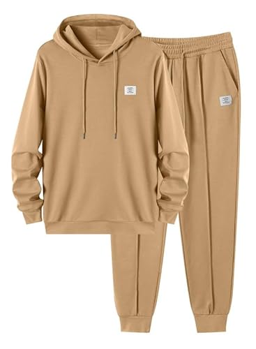 JMIERR 2 Stück Outfits Kapuzenpulli Sweatshirts mit Taschen Herren Trainingsanzug Jogginganzug Kapuzen-Sweatshirt Sportswear Set,Khaki 2XL von JMIERR