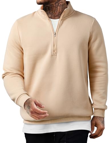 JMIERR Baumwolle Pullover Herren 2025 Freizeit Reißverschluss Hals Sweatshirts Winter Langarm Hoodies Loose Fit Beige XXL von JMIERR