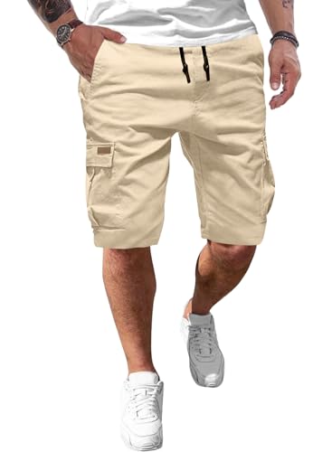 JMIERR Cargo Shorts Herren Baumwolle Kurze Hosen Herren Elastische Taille mit Taschen Apricot M von JMIERR