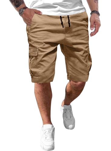 JMIERR Cargo Shorts Herren Baumwolle Kurze Hosen Herren Elastische Taille mit Taschen Khaki 2XL von JMIERR