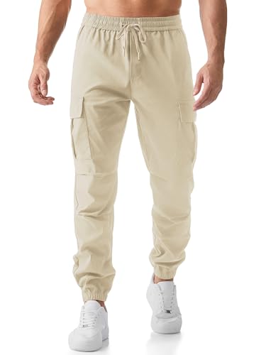 JMIERR Cargohose Herren Lang Jogger Sporthose Elastischer Taille mit Kordelzug Sweatpants Herren mit Taschen,Khaki S von JMIERR