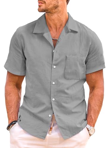 JMIERR Hawaii Hemd Männer Hemd Herren Kurzarm Freizeithemd Sommer Leinenhemd Strand Hawaiihemd Button Down Regular Fit Einfarbig mit Taschen Grau, 2XL von JMIERR