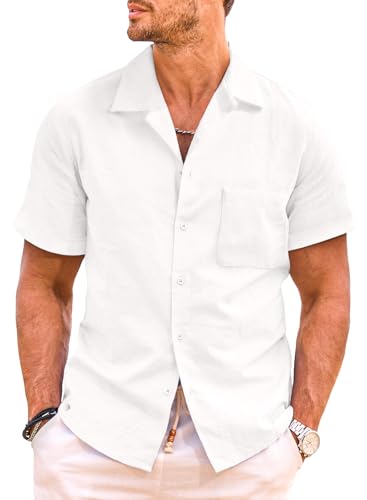 JMIERR Hawaii Hemd Männer Hemd Herren Kurzarm Freizeithemd Sommer Leinenhemd Strand Hawaiihemd Button Down Regular Fit Einfarbig mit Taschen Weiß, L von JMIERR