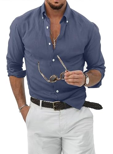 JMIERR Hemd Blau Herren Slim Fit Sommer Leinenhemd Langarm Casual Freizeithemd Button Down Stehkragenhemd Blau 3XL von JMIERR