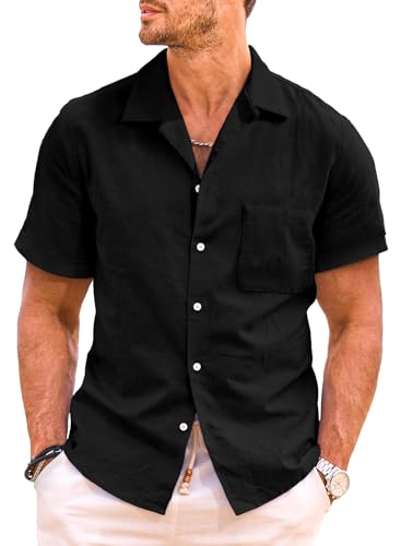 JMIERR Hemd Herren Kurzarm Freizeithemd Businesshemd Leinenhemd Sommer Kurzarmhemd Einfarbig Basic Shirt for Männer Slim Fit Schwarz, 2XL von JMIERR