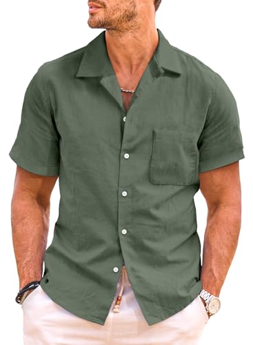 JMIERR Hemd Herren Kurzarm Freizeithemd Kurzarmhemd Leinenhemd Baumwolle Sommer T-Shirt Strand Hemd Regular Fit Button Down Grün, 2XL von JMIERR