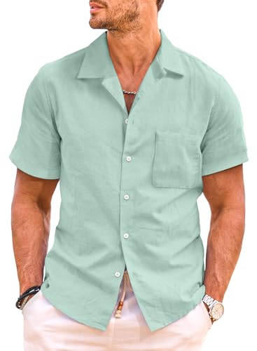 JMIERR Hemd Herren Kurzarm Freizeithemden Leinenhemd aus Baumwolle Sommer Hemden, Regular Fit Button Down Weich Bequem Basic mit Taschen Hellblau, XL von JMIERR