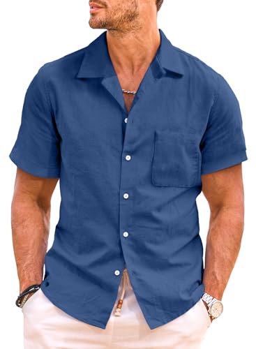 JMIERR Hemd Herren Kurzarm Leinenhemd Freizeithemd Businesshemd Sommerhemd Herren Regular Fit Einfarbig mit Taschen Blau, 2XL von JMIERR