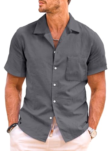 JMIERR Hemd Herren Leinenhemd Herren Freizeithemd Businesshemd Sommerhemd Herren Regular Fit Einfarbig mit Taschen Grau, 2XL von JMIERR