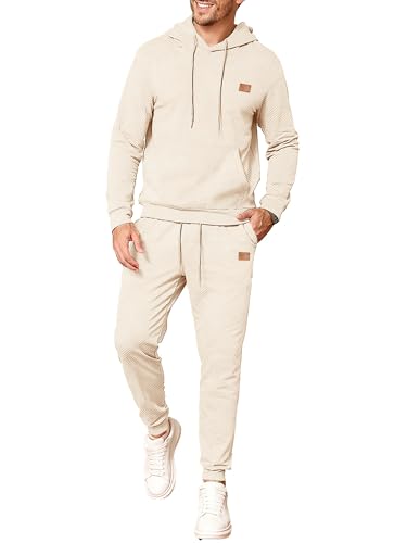 JMIERR Herren 2 Pcs Jacquard Sweatsuit Outfits Hoodie Sweatshirt & Joggers Sweatpants Set Trainingsanzug,Beige L von JMIERR