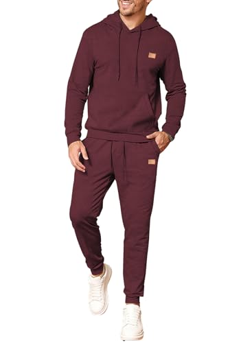JMIERR Herren 2 Pcs Jacquard Sweatsuit Outfits Hoodie Sweatshirt & Joggers Sweatpants Set Trainingsanzug,Rot S von JMIERR
