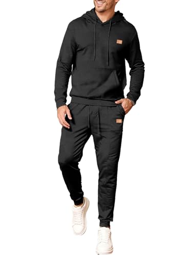 JMIERR Herren 2 Pcs Jacquard Sweatsuit Outfits Hoodie Sweatshirt & Joggers Sweatpants Set Trainingsanzug,Schwarz M von JMIERR
