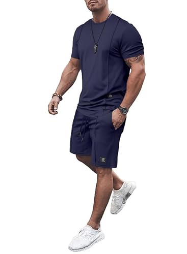 JMIERR Herren 2 Piece T-Shirt mit Short Sommer Trainingsanzug Set mit Taschen 2024 Casual T Shirts und Kurze Hose Männer Baggy Sport Freizeitanzug,Blau S von JMIERR