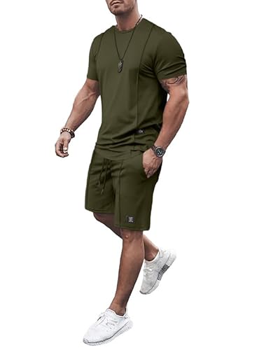 JMIERR Herren 2 Piece T-Shirt mit Short Sommer Trainingsanzug Set mit Taschen 2024 Casual T Shirts und Kurze Hose Männer Baggy Sport Freizeitanzug,Grün S von JMIERR