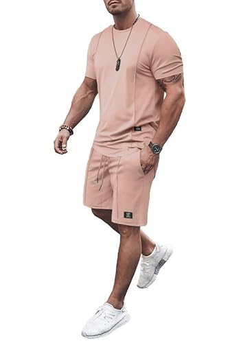 JMIERR Herren 2 Piece T-Shirt mit Short Sommer Trainingsanzug Set mit Taschen 2024 Casual T Shirts und Kurze Hose Männer Baggy Sport Freizeitanzug,Rosa M von JMIERR