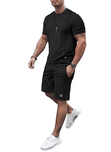 JMIERR Herren 2 Piece T-Shirt mit Short Sommer Trainingsanzug Set mit Taschen 2024 Casual T Shirts und Kurze Hose Männer Baggy Sport Freizeitanzug,Schwarz 2XL von JMIERR