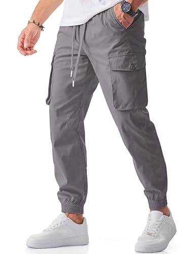 JMIERR Herren Cargo Jogginghosen Grau Konus Casual Stretchhosen Elastische Taille Drawstring Cargohosen 3XL von JMIERR