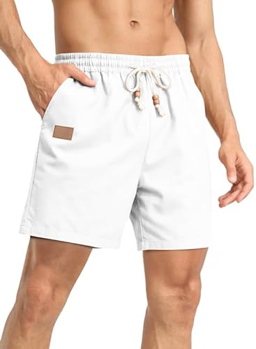 JMIERR Herren Casual Leinen Shorts - 2024 Sommer Baumwolle Beach Kurze Hosen mit 3 Taschen Elastische Taille Weiß 3XL von JMIERR